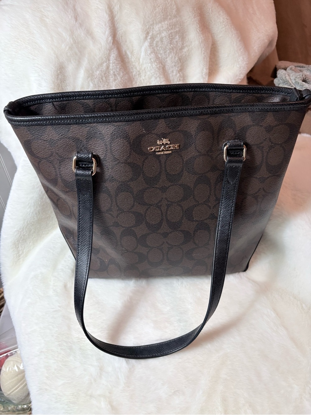 Coach Dark Brown Signature Tote with Black Straps